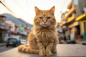 an orange tabby cat sitting on the edge of a table generative ai photo