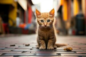 an orange tabby kitten sitting on the ground in an alley generative ai photo