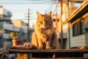 an orange tabby cat sitting on top of a wooden fence generative ai photo
