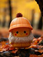 an orange toy with a hat and beard standing in the fall leaves generative ai photo