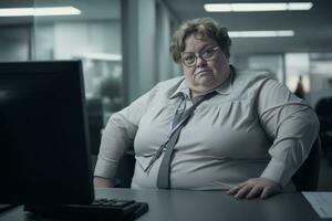an overweight woman sitting at a desk in front of a computer generative ai photo