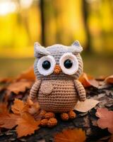 an owl crocheted in the autumn leaves generative ai photo