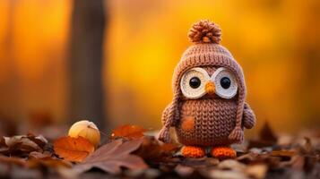 un búho en un de punto sombrero se sienta en el suelo rodeado por otoño hojas generativo ai foto