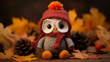 an owl in a knitted hat and scarf sits on a wooden table surrounded by autumn leaves generative ai photo