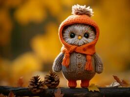 an owl in a knitted sweater and orange hat sits on a branch generative ai photo