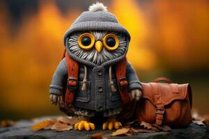 an owl figurine with a backpack and hat generative ai photo