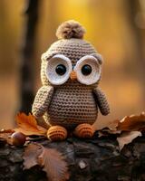 an owl crocheted in the autumn leaves generative ai photo