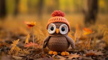 an owl is wearing a knitted hat and sitting in the leaves generative ai photo