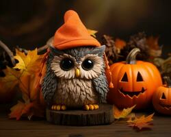 an owl wearing a halloween hat sits on top of a pumpkin generative ai photo