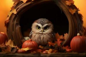 an owl sits in a nest surrounded by autumn leaves and pumpkins generative ai photo