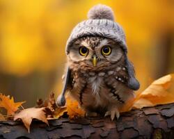 an owl wearing a hat and sitting on a log generative ai photo