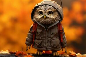 an owl wearing a jacket and backpack on a log generative ai photo
