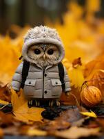 un búho vistiendo un chaqueta y sombrero se sienta en un pila de otoño hojas generativo ai foto