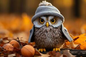 an owl wearing a knitted hat sits on the ground surrounded by autumn leaves generative ai photo