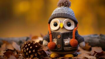 an owl wearing a knitted sweater and hat sits on a pile of autumn leaves generative ai photo