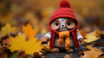 an owl wearing a red hat and scarf in the fall leaves generative ai photo