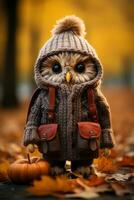 an owl wearing a sweater and carrying a pumpkin generative ai photo