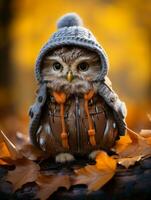 an owl wearing a sweater and hat sitting on the ground generative ai photo