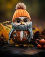 an owl wearing a knitted hat and scarf sits on a log generative ai photo