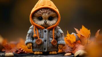 an owl wearing an orange hoodie on a wooden surface surrounded by autumn leaves generative ai photo