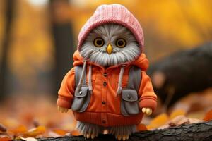 an owl wearing an orange jacket on a tree branch generative ai photo