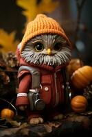 an owl wearing an orange jacket and holding a camera generative ai photo