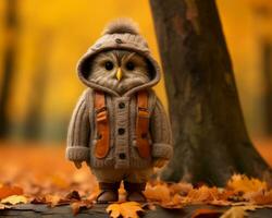 an owl wearing a sweater and boots stands in the middle of an autumn forest generative ai photo