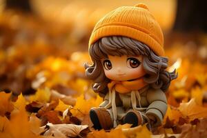 anime doll sitting on the ground surrounded by autumn leaves generative ai photo