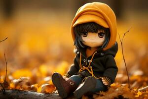 anime doll sitting on a log in the autumn leaves generative ai photo