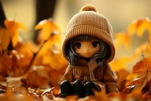 anime doll sitting on the ground surrounded by autumn leaves generative ai photo