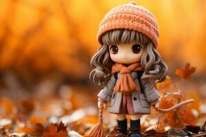 anime doll wearing a hat and coat standing in autumn leaves generative ai photo