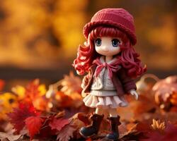 anime doll with red hair standing in autumn leaves generative ai photo