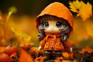 anime doll wearing an orange coat in the autumn leaves generative ai photo