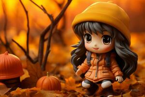 anime figurine in an autumn setting with pumpkins and leaves generative ai photo
