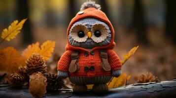 an owl wearing an orange sweater and hat sits on a log in the woods generative ai photo