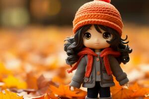 anime niña vistiendo un sombrero y Saco en pie en un pila de otoño hojas generativo ai foto