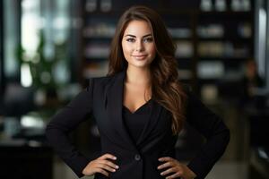 beautiful young woman in black business suit standing in front of bookshelves generative ai photo