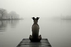 negro y blanco foto de un perro sentado en un muelle generativo ai