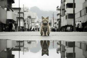 negro y blanco foto de un gato sentado en el medio de un charco generativo ai