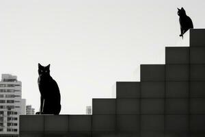 negro y blanco foto de dos gatos sentado en parte superior de un edificio generativo ai