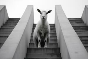 negro y blanco foto de un oveja en pie en algunos escalera generativo ai