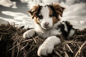 black and white photo of a puppy laying on hay generative ai