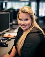 blonde haired woman sitting at a desk generative ai photo