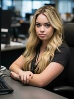 blonde haired woman sitting at a desk generative ai photo