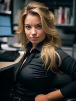 blonde haired woman sitting at desk generative ai photo