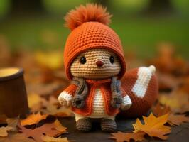 crochet amigurumi fox in autumn leaves generative ai photo