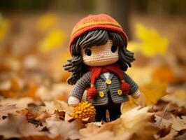 crochet doll in autumn leaves generative ai photo