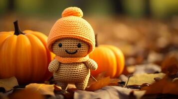 crochet doll with orange hat and pumpkin in background generative ai photo