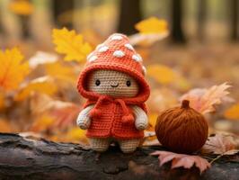 crochet amigurumi mushroom and pumpkin generative ai photo
