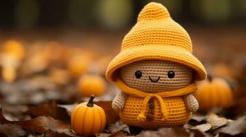 crochet gnome in pumpkin patch generative ai photo